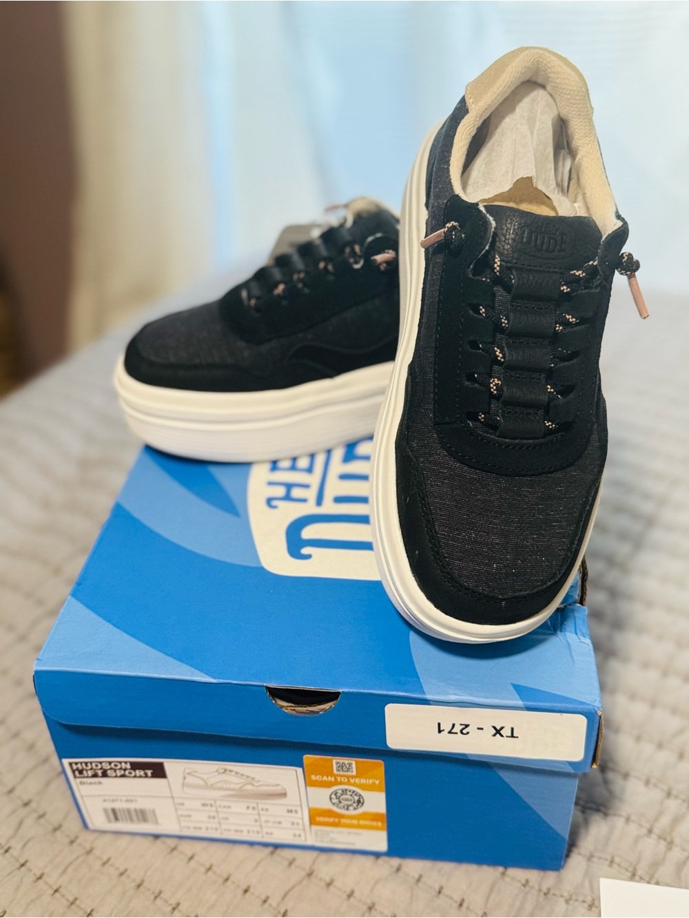 Hey Dude Hudson Lift Sport Sneakers, Black, Women’s Size 5, New